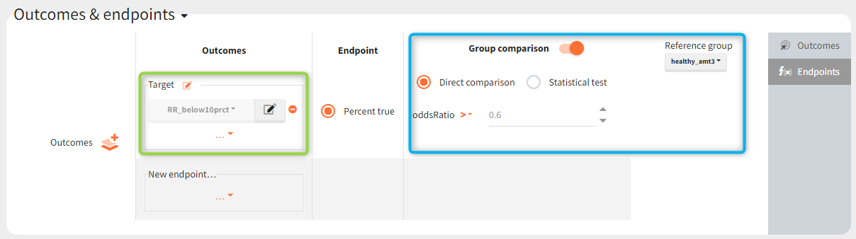 Definition of an endpoint. It has one outcome, which is true if the ratio between the free receptor and the baseline is below 10 percent. The endpoint gives the percentage of individual with true outcomes. Option group comparison is on. It is a direct comparison with odds ratio to be larger than 0.6. The lowest dose healthy group is the reference.